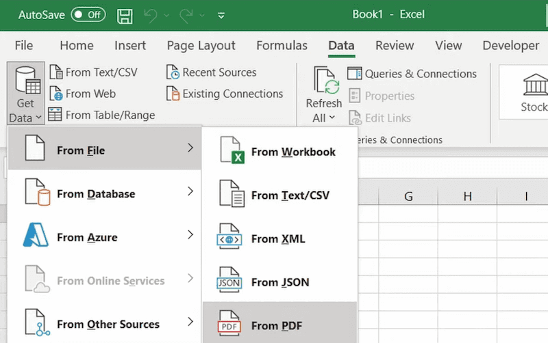 Screenshot of excel actions to make a PDF