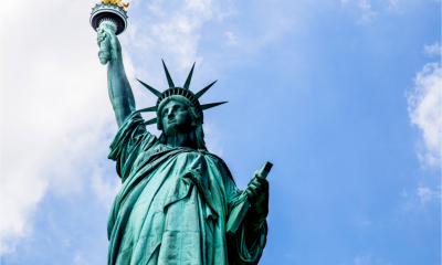A picture of the Statue of Liberty taken from below