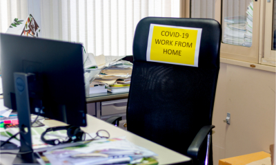 Empty office space while employee works from home to avoid coronavirus